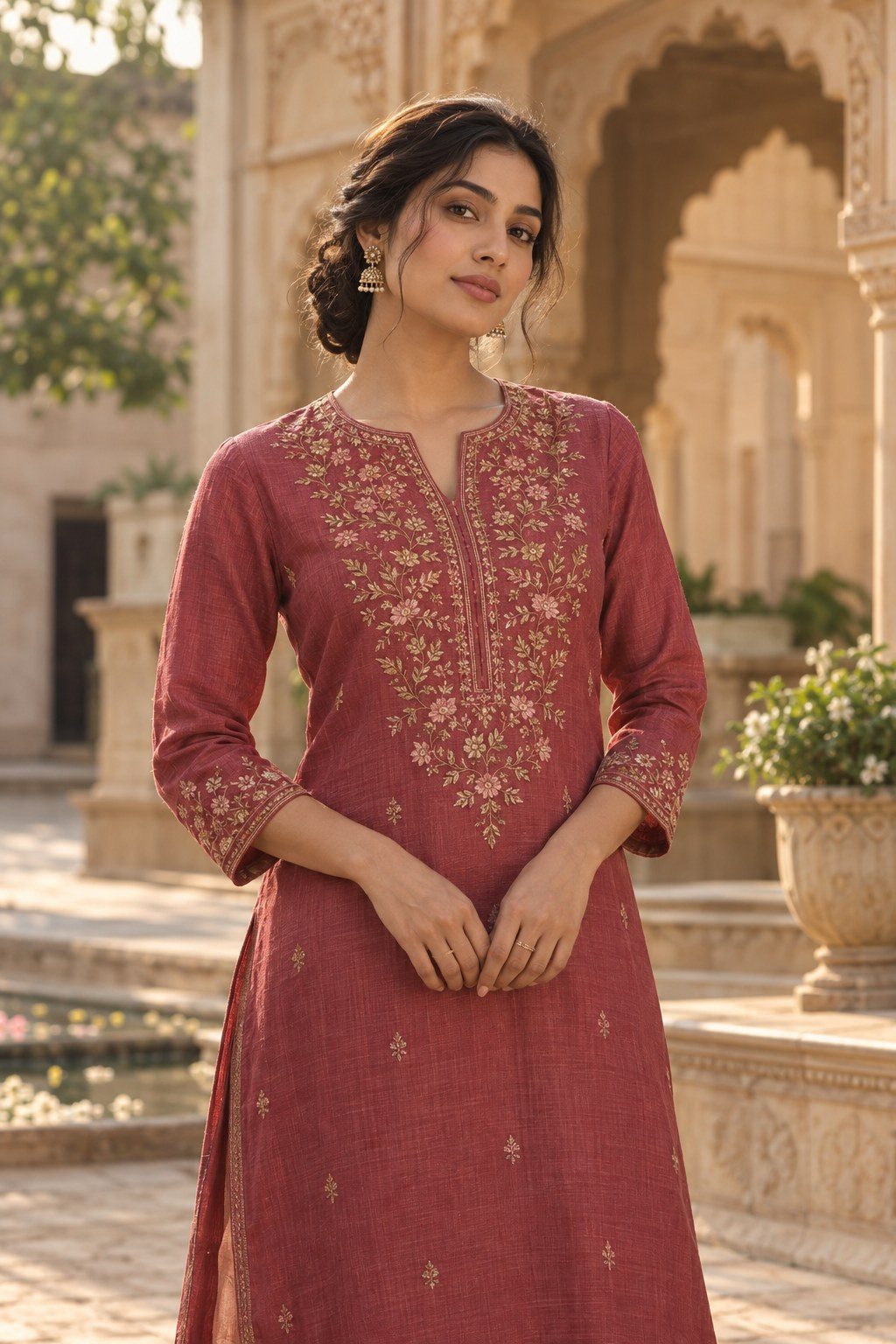 Woman wearing a rose embroidered kurti in a heritage courtyard