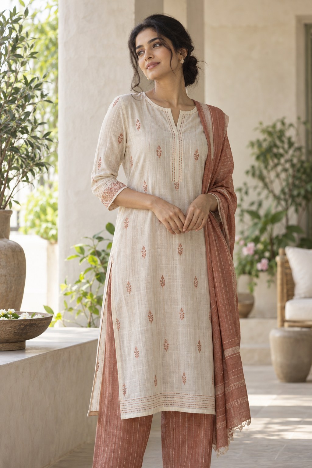 Woman wearing an ivory and terracotta cotton kurta set — yellow tussar kalamkari applique