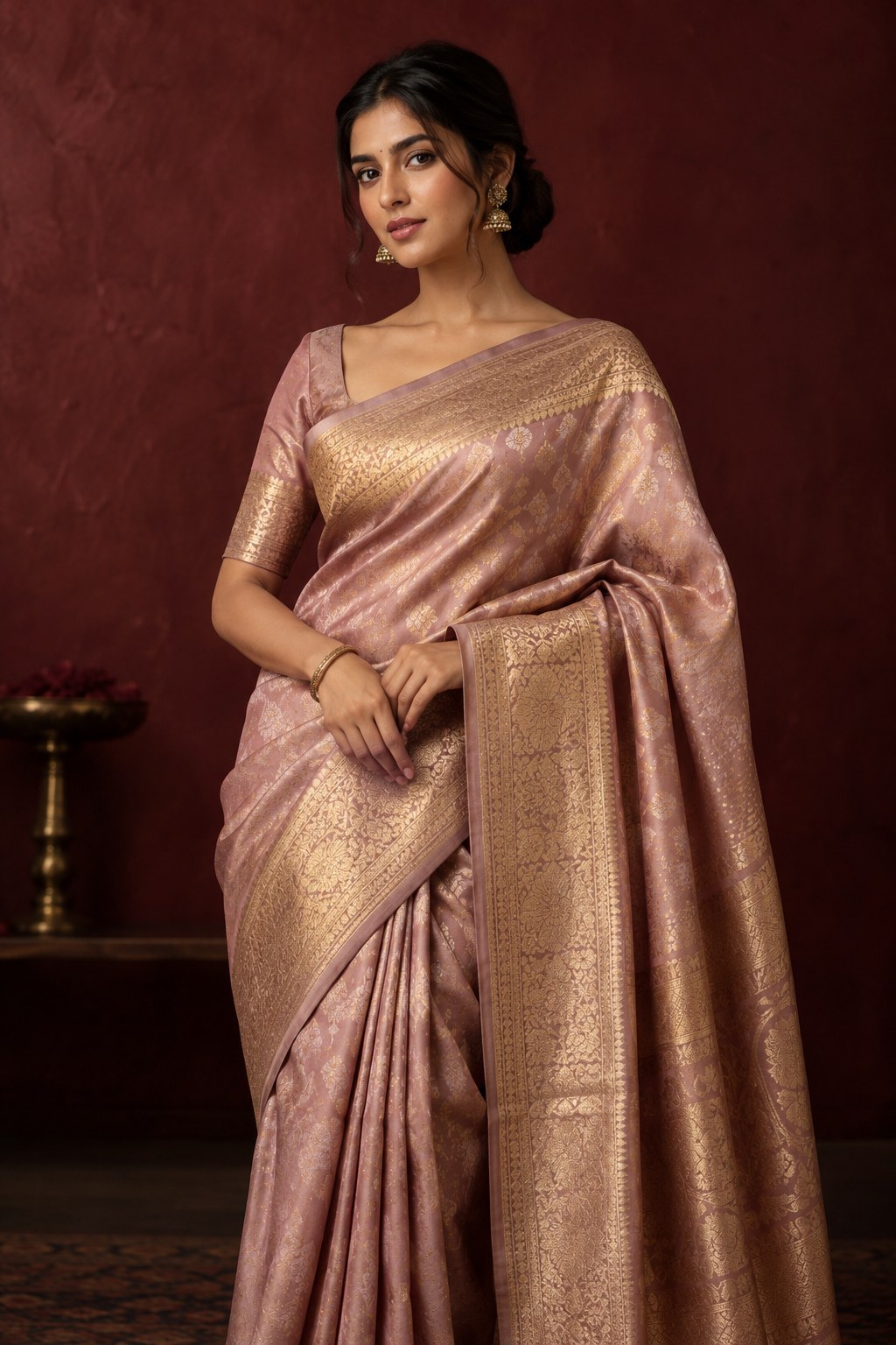 Woman wearing a blush and gold silk saree — dark and light purple applique double scallop