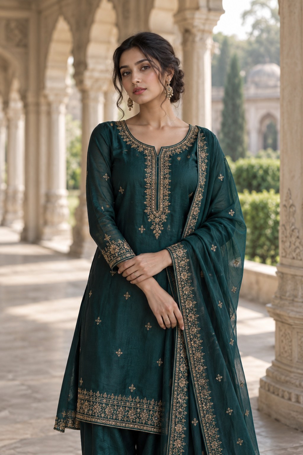 Woman wearing a deep teal embroidered salwar suit — majenta mul chanderi applique