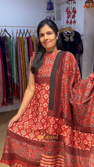 red and purple mul chanderi frock